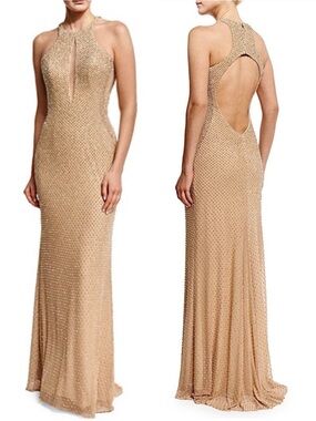 La Femme Stunning Studded Open-Back Column Gown Dress Nude